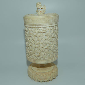 Elaborately carved Ivory lidded pot | Lion finial | Continuous Dragon