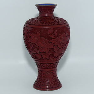 Vintage Hand Carved Chinese Cinnabar on Copper vase