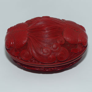 Mid 20th Century Chinese Export Cinnabar Lacquer Wedding box depicting Fantail Goldfish