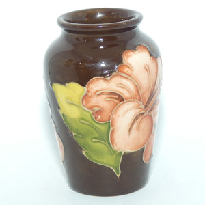 Walter Moorcroft Coral Hibiscus on Brown small vase