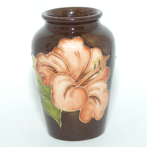 Walter Moorcroft Coral Hibiscus on Brown small vase
