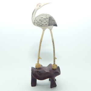 Mid 20th Century Ivory and Bone Carved Crane | Wooden Base