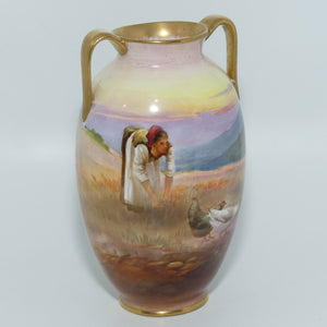 Royal Doulton hand painted & gilt twin handled Farm girl feeding chickens scene vase | Curnock