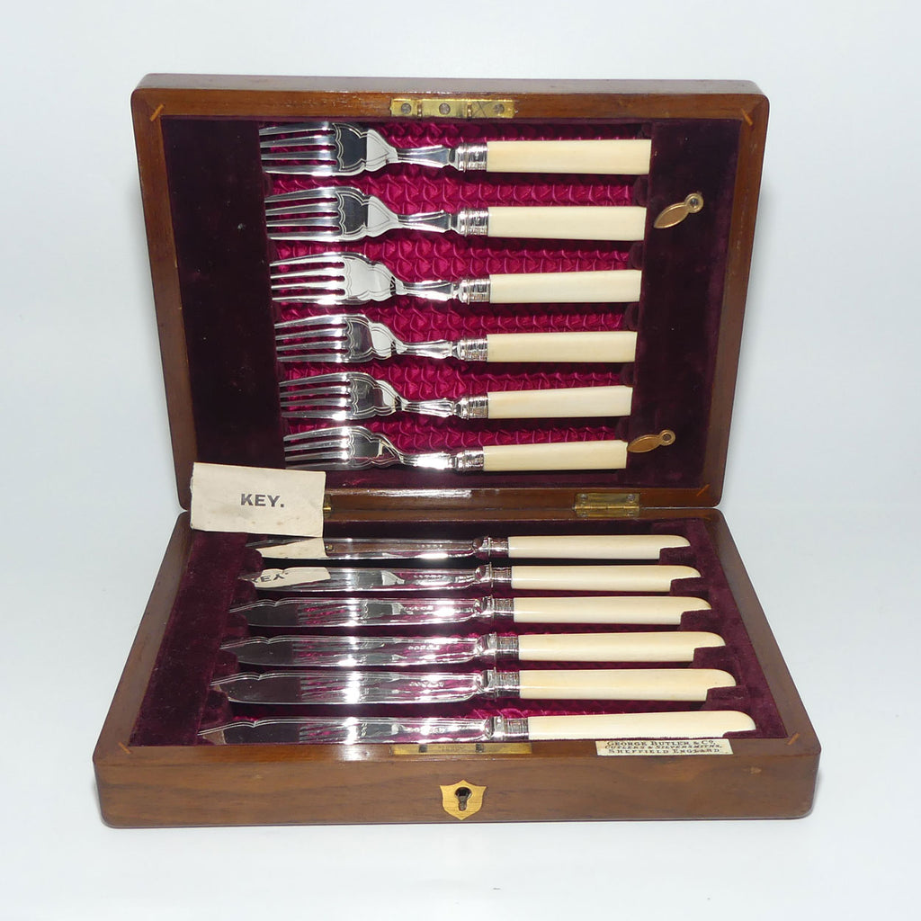 EPNS and Bone Handled Fish Eater set in Walnut case | George Butler & Co Sheffield | Sterling Silver ferrules