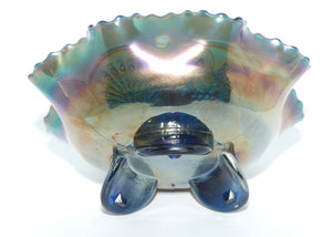 Fenton Carnival Glass Blue Green Peacock and Grape tri footed bowl