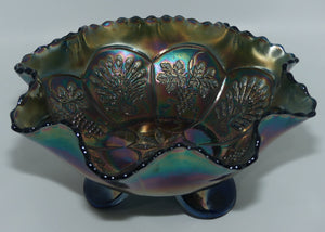 Fenton Carnival Glass Blue Green Peacock and Grape tri footed bowl
