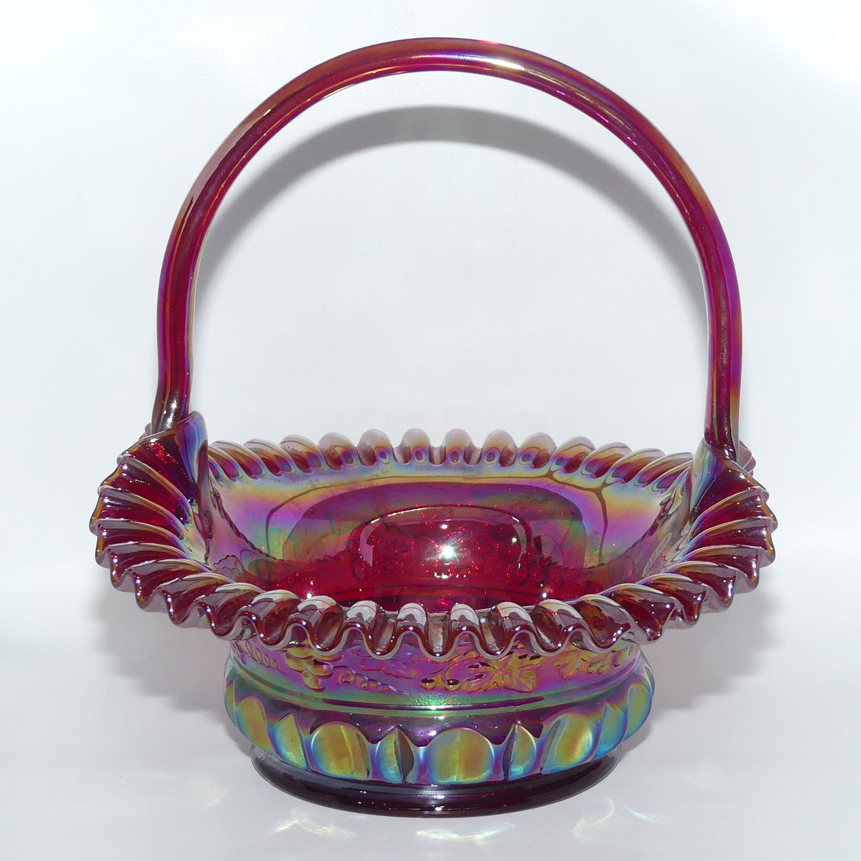 Fenton 1990 vintage Red Carnival Glass large basket | Grape and Vine e