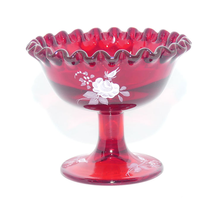 Vintage Fenton Glass USA | Ruby Glass squat comport with hand painted flowers by M Wagner