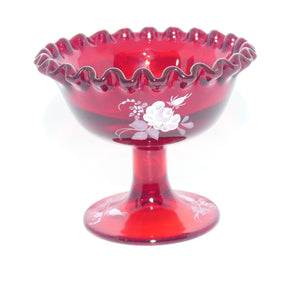 Vintage Fenton Glass USA | Ruby Glass squat comport with hand painted flowers by M Wagner