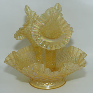 Fenton Yellow Stretch Carnival Glass 3 trumpet epergne | Optic Lace