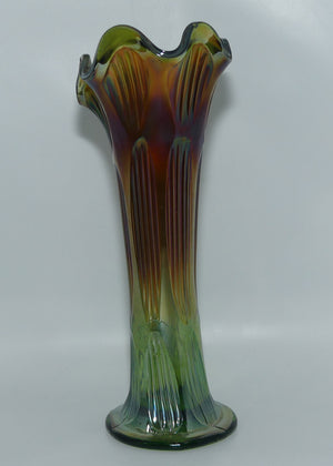 Fenton Diamond and Rib Marigold on Green Carnival Glass vase | 26cm
