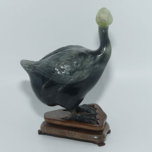Mid 20th Century Chinese Nephrite Green Jade Guinea Fowl on stand