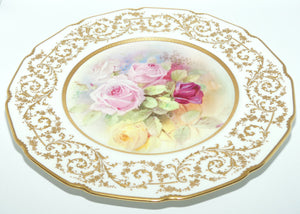 Royal Doulton plate | Hand painted by Charles Hart | Red, Yellow and Pink Roses and superb gilding