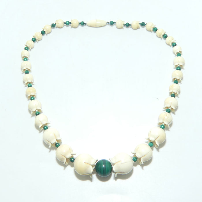 Ivory and Malachite Necklace | Japanese Tulip shape Ivory beads