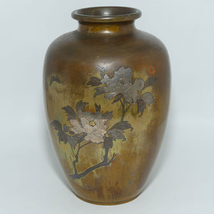 Meiji period Japanese Bronze Damascene vase overlaid with Silver Chrysanthemum and Butterfly | signed