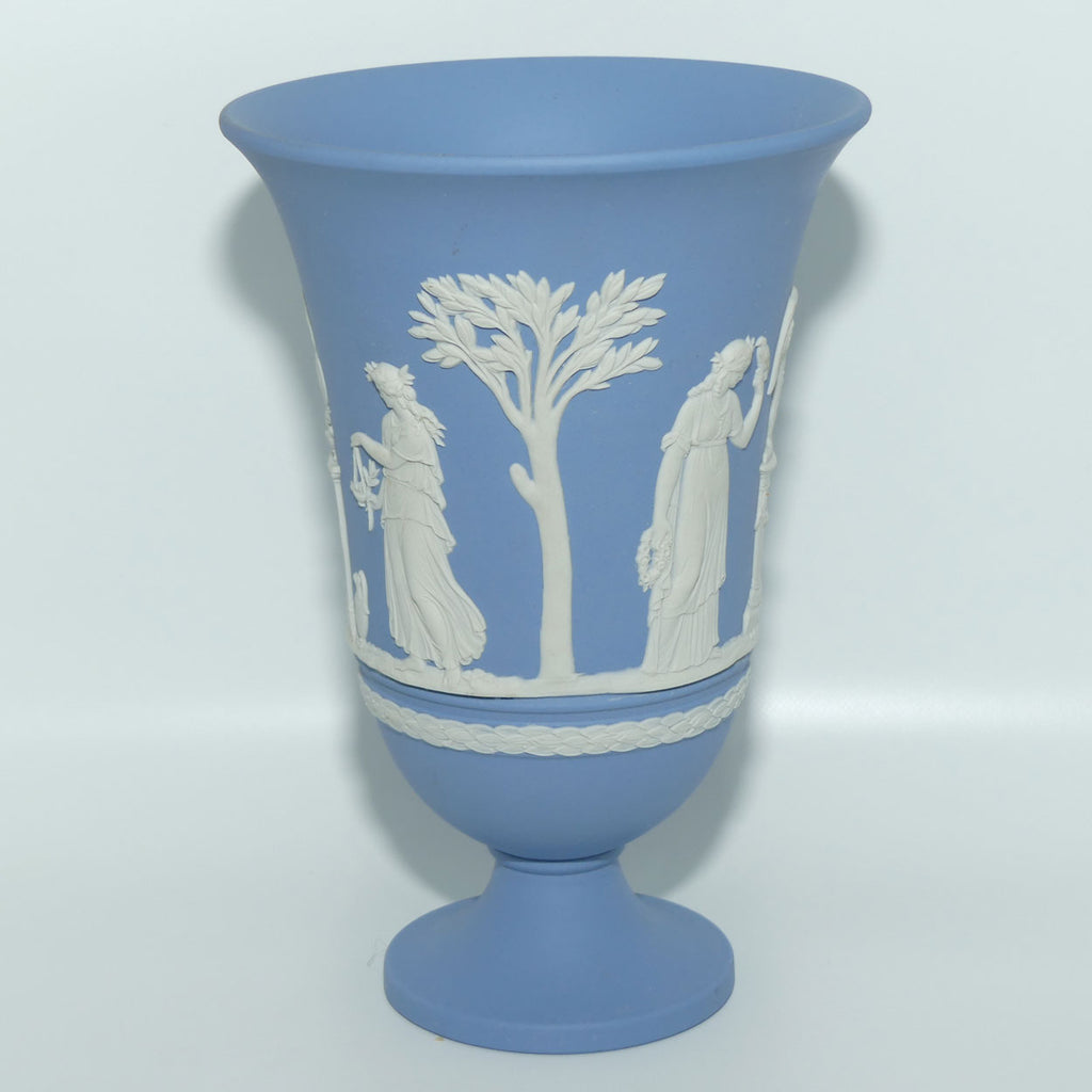 Wedgwood Jasper | White on Pale Blue flared rim pedestal vase | 19cm tall
