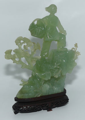 Mid 20th Century Chinese Nepthrite Green Jade Lady with Basket on stand