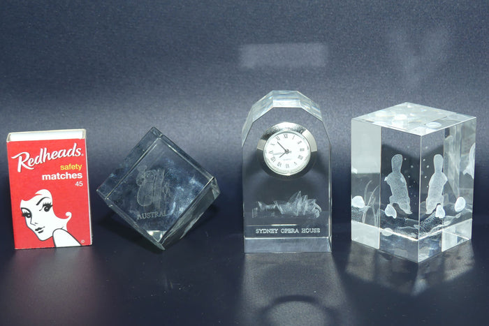 Collection of 3 Australian Motif Laser Cut Glass paperweights