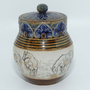 Doulton Lambeth Hannah Barlow lidded pot | Horses c.1887