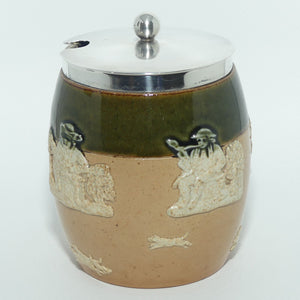 Doulton Lambeth Harvest Hunting preserve pot with Sterling Silver collar and lid | London 1896