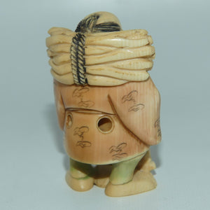 Japanese Carved Ivory Netsuke | Farmer with Kama and Crop | signed