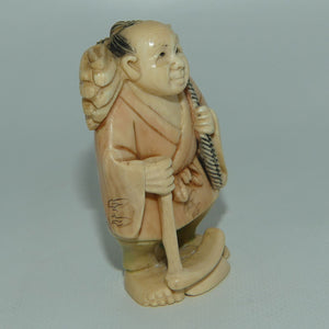 Japanese Carved Ivory Netsuke | Farmer with Kama and Crop | signed