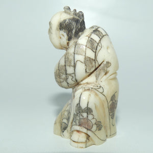 Japanese Carved Bone Netsuke | Old Medicine Man holding Bowl
