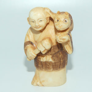 Japanese Carved Ivory Netsuke | Monk with Mujina