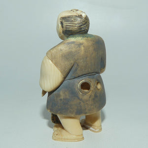 Japanese Carved Ivory Netsuke | Matsutake Mushroom Gatherer | Grey Robe | signed