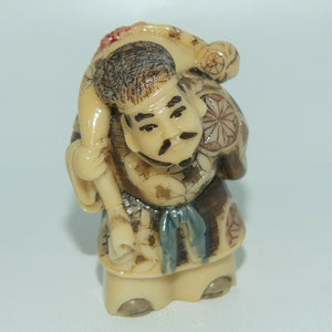 Vintage Japanese Carved Resin Netsuke | Man Carrying Sack