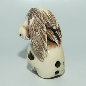 Japanese Carved Ivory Netsuke | Skull with Eagle | signed