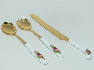 Royal Albert Bone China Old Country Roses cutlery | salad servers + bread knife