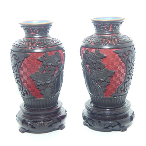 Pair of Vintage Chinese Hand Carved Black on Red Cinnabar on Copper vases