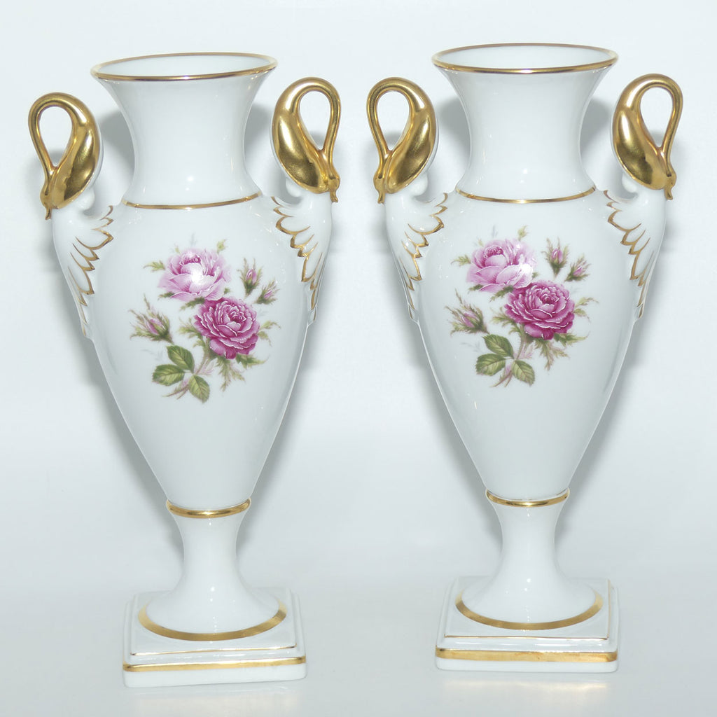 AK Kaiser West Germany pair of Swan Handled Amphora vases | Moss Rose