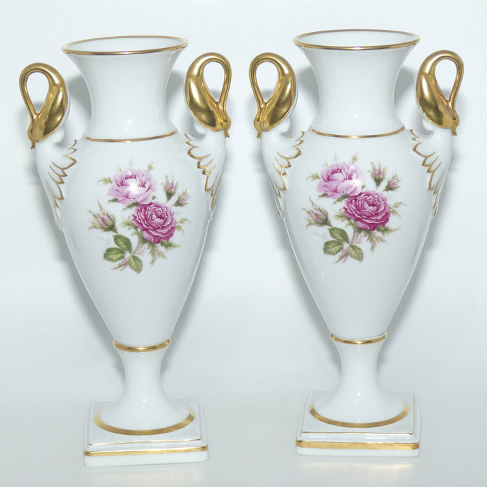 AK Kaiser West Germany pair of Swan Handled Amphora vases | Moss Rose pattern
