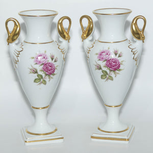 AK Kaiser West Germany pair of Swan Handled Amphora vases | Moss Rose