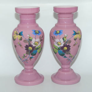 Late Victorian era Pair of Pink glass Hand Enamelled mantle vases | Floral Decor