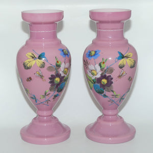 Late Victorian era Pair of Pink glass Hand Enamelled mantle vases | Floral Decor