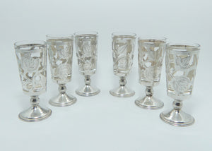 Set of 6 Mexican Sterling Silver figured floral overlay on glass | Shot glasses