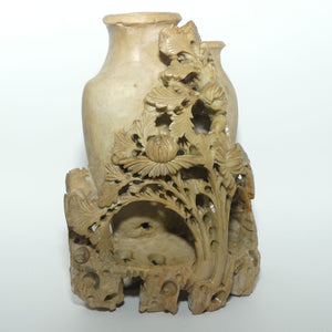 Elaborately Carved Soapstone Double Vase | Two Urns behind Floral Scene