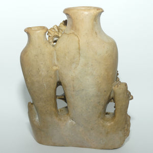 Elaborately Carved Soapstone Double Vase | Two Urns behind Floral Scene
