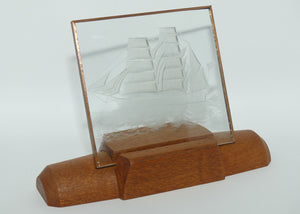 Fine Quality etched and facetted Glass panel with Nautical scene | Tall Ship in Silky Oak frame