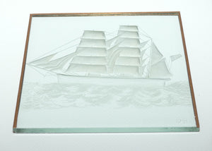 Fine Quality etched and facetted Glass panel with Nautical scene | Tall Ship in Silky Oak frame