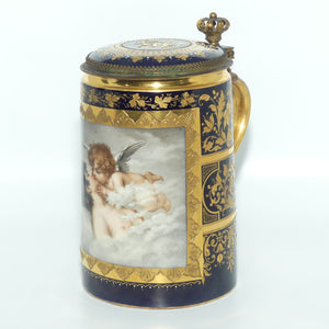 19th Century Royal Vienna tankard with hinged lid | Greek Mythology design with Cupid