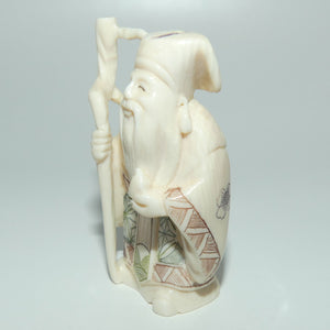 Japanese Carved Ivory Netsuke | Showa era | Man with Beard and Staff | Jurojin