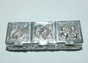 Vintage Three Section Harvest Motif Continental Silver Plate pill box