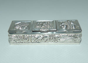Vintage Three Section Harvest Motif Continental Silver Plate pill box