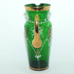 Venetian Hand Painted Floral decoration and Gilt on Emerald Green glass 7 piece water set