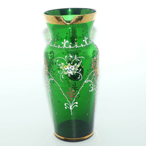 Venetian Hand Painted Floral decoration and Gilt on Emerald Green glass 7 piece water set
