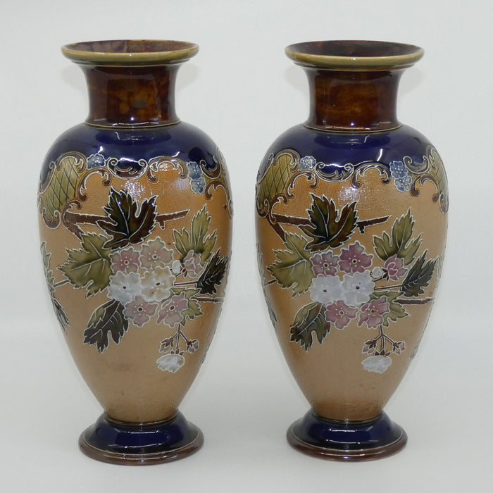 Doulton Slaters pair of stoneware foliage and flowers vases (stamped 1411)